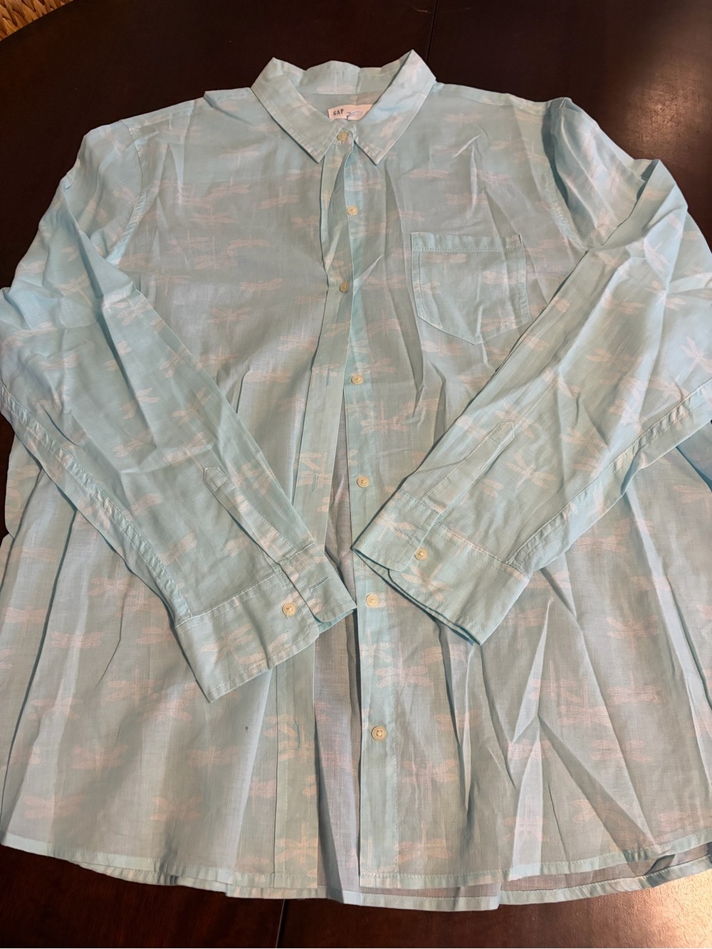 GAP Light Teal Women's Button-Down Shirt with Subtle Dragonfly Pattern